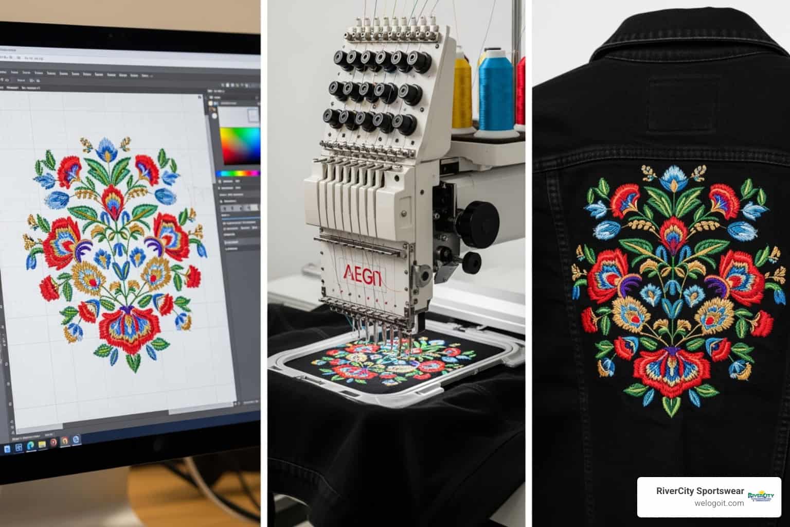 Showing the three stages: a digital design on a computer, an embroidery machine stitching the design, and the final embroidered jacket. - embroidery for jackets Showing the three stages: a digital design on a computer, an embroidery machine stitching the design, and the final embroidered jacket. - embroidery for jackets